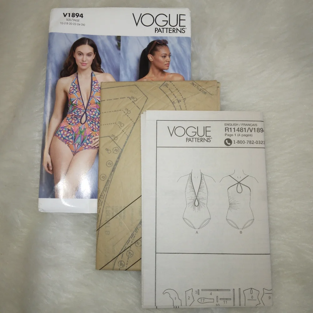 VOGUE V1894 SZ 18-26 Misses Lined Swimsuit with ruching in 2 styles